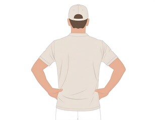 A man in a beige cap and t-shirt stands with his hands on his hips, viewed from behind