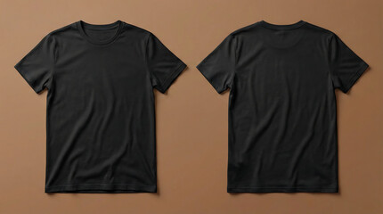 Front and Back Black Tee Shirt Mockup on Brown Background