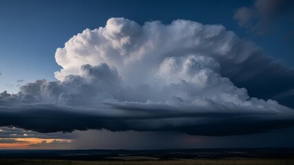 Obraz premium Massive cumulonimbus storm cloud glowing at sunset over a darkened prairie landscape. Intense weather drama.