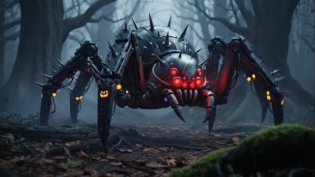 Dark Mech Spider in Foggy Horror Forest with Glowing Eyes