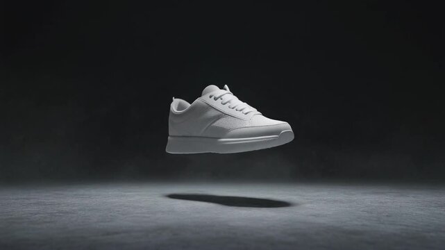 A lone white sneaker floats above a dark floor, lit by a spotlight, casting a shadow beneath it.