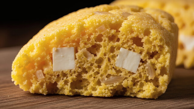 Sopa Paraguaya Close-Up Crumb with Cheese and Onion on Wood