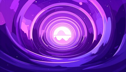 A stylized tunnel of swirling purple and violet hues leads to a bright, mountainous horizon. Celestial shapes dot the background