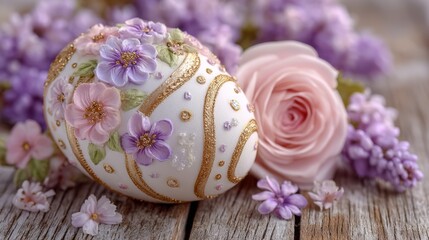 Ornate white egg adorned with gold accents and delicate pastel blossoms rests among lilac and pink flowers on rustic wood, perfect for spring, Easter, or celebration designs.