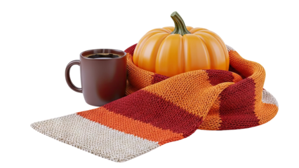 Cozy Autumn Scene: Pumpkin, Coffee, and Scarf