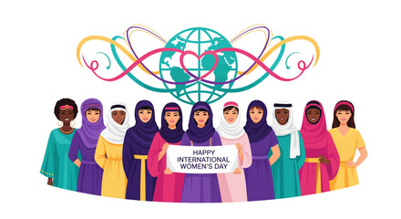 Fototapeta premium Celebrating International Women's Day with a diverse group of women holding a banner, symbolizing global unity and empowerment