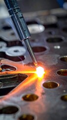 Welding in progress, bright arc of light as metal pieces join on a patterned surface