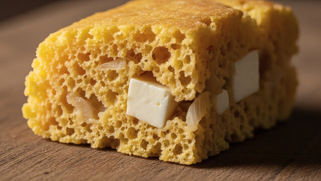 Sopa Paraguaya Cornbread Macro Close Up On Rustic Wooden Board