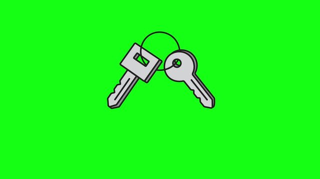 Animation of two keys jingling on a green screen. Key scraping sound, motion graphics. Property management business and locksmith services. Cartoon concept. 4K video.
