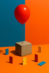 Red balloon tethered to concrete block, surrounded by miniature doors, symbolizing tension between aspiration and grounded choices.