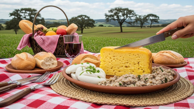 Sopa Paraguaya Cornbread with Chipa Guazu on Rustic Countryside Picnic Table
