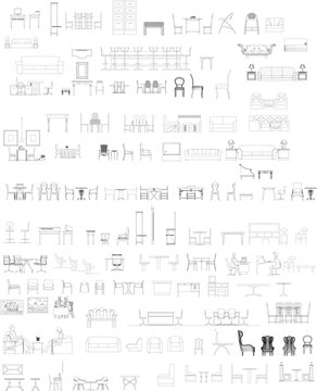 Outline Line Art of Furniture and Office Building Elevation for Interior Design Projects