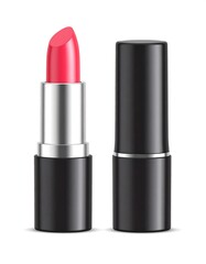 Obraz premium A red lipstick in an open black and silver case