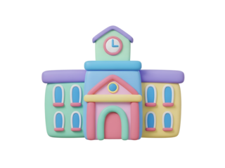 3D icon of a pastelcolored stylized school building with a clock tower