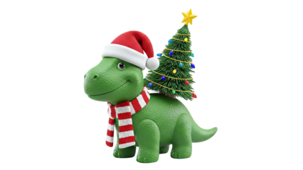 Green Dinosaur with Christmas Tree and Santa Hat