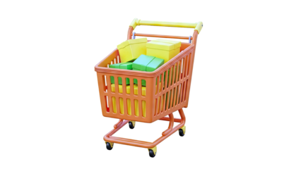 Orange Shopping Cart Filled With Yellow and Green Gift Boxes