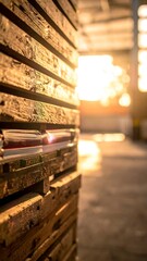 Stacked wooden planks against a blurred, sunlit backdrop, creating textural contrast in a warehouse-like setting