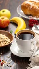 Breakfast spread with coffee, fruit, pastries, and oatmeal on a dark wooden surface