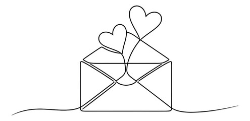 Minimalist continuous line art illustration of an open envelope depicting hearts for romantic messages