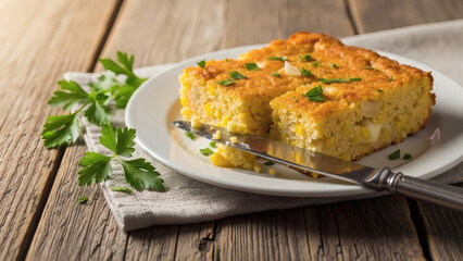 Sopa Paraguaya Cornbread Square On Rustic Table With Natural Light