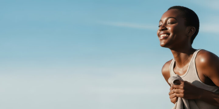 Fitness fit woman happy athlete with running run training marathon blue sport african runner breath breathing smile under blue sky after outdoor workout