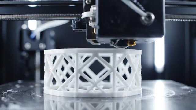 A 3D printer extrudes a white lattice cylinder atop a metal bed under bright vertical LEDs, focused!