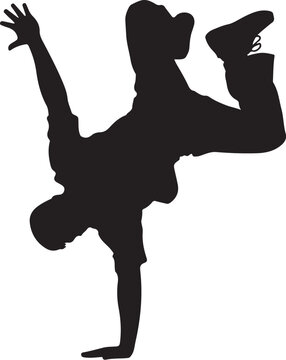 Silhouette of a person breakdancing with one hand on the ground and one leg raised