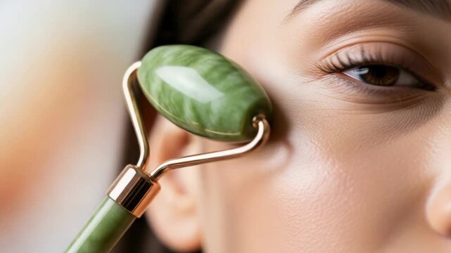 Close-up of woman using green jade roller on her face for skincare and beauty treatment