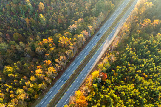 USA highway transportation infrastructure in North Carolina Appalachian mountains. American freeway road with fast driving cars