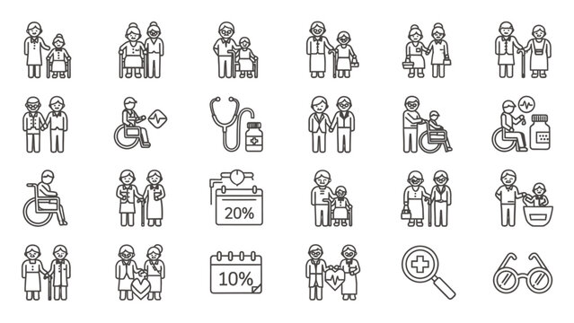 Elderly care and health icons for medical and social themes