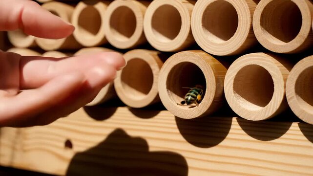 Human Hand Approaches a Mason Bee Inside a Wooden Insect Hotel