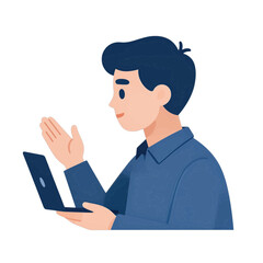 Young man using a laptop vector icon.