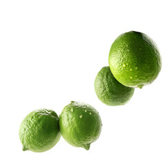 Fresh Green Limes Falling in Air with Water Droplets on Skin on transparent background