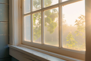 A window with a view of trees and a sunny day