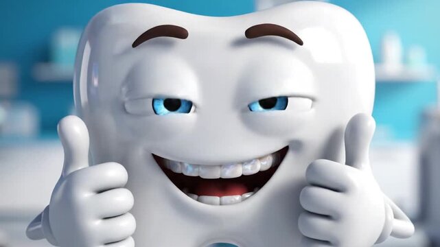 Friendly cartoon tooth character with braces giving a thumbs up gesture, conveying a positive and healthy dental care message