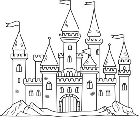 Fototapeta premium Majestic fairy tale castle with multiple towers and flags hand drawn black and white vector