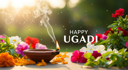 Traditional Indian background with diya lamp and colorful flowers. Hindu Puja. Festival Vishu celebration. Template with copy space for holiday Ugadi, ... See More