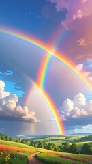 Colorful double rainbow curves over a serene meadow landscape with rolling hills and fluffy clouds in a bright sky