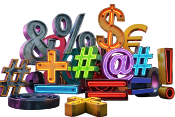 Collection of 3d symbols and punctuation marks isolated on transparent background