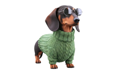 Dachshund Wearing a Green Knitted Sweater and Sunglasses