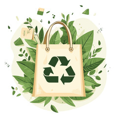 Illustration showing a reusable bag with recycle symbol surrounded by leaves and a tag on a white background , vector style simple color