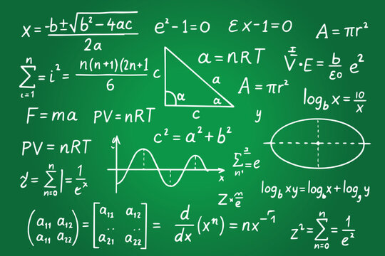 Educational vector art showing math and physics formulas on a green chalkboard, filled with symbols, numbers, and equations that represent learning, science, logic, and classroom study.