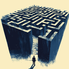 A lone figure stands before a colossal cube maze with intricate pathways and a complex structure design , vector style simple color