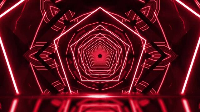 Futuristic Neon Pentagonal Tunnel VJ Loop Motion Graphics Background with Glowing Reflections and Seamless Animation