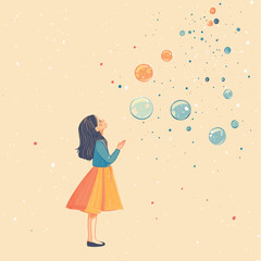 girl with soap bubbles , vector style simple color