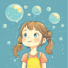 girl with soap bubbles , vector style simple color