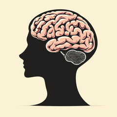 human head silhouette with brain , vector style simple color