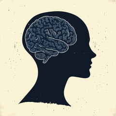 human head silhouette with brain , vector style simple color