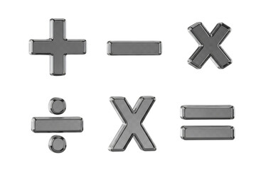 Set of metallic mathematical symbols isolated on transparent background