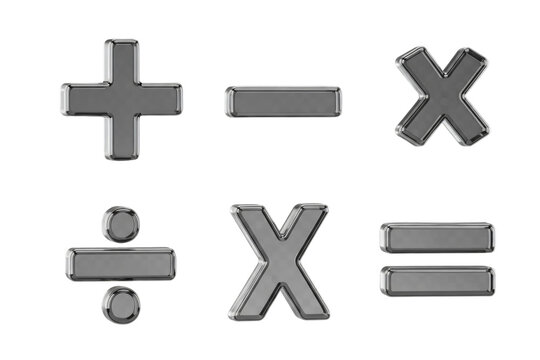 Set of metallic mathematical symbols isolated on transparent background